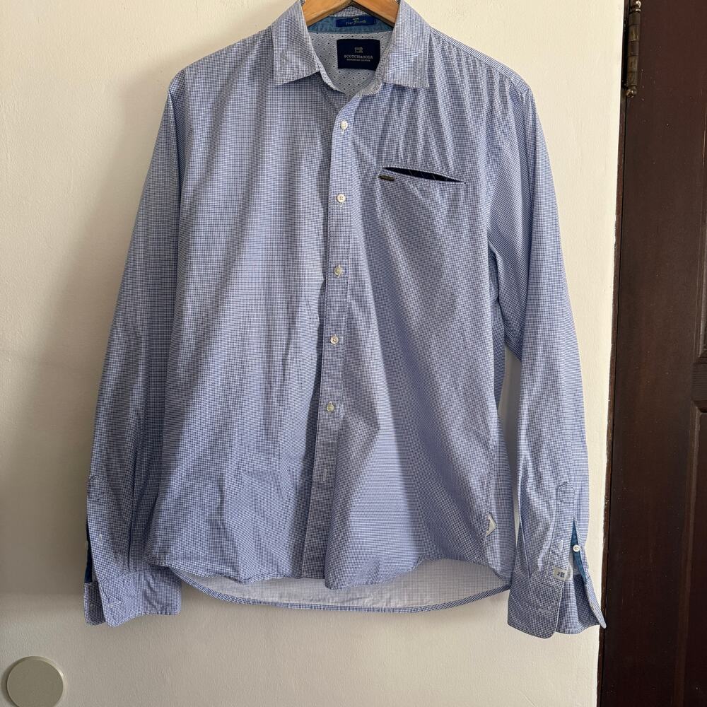 SCOTCH & SODA | Men's Blue and White Micro Gingham Button Up Shirt | Large